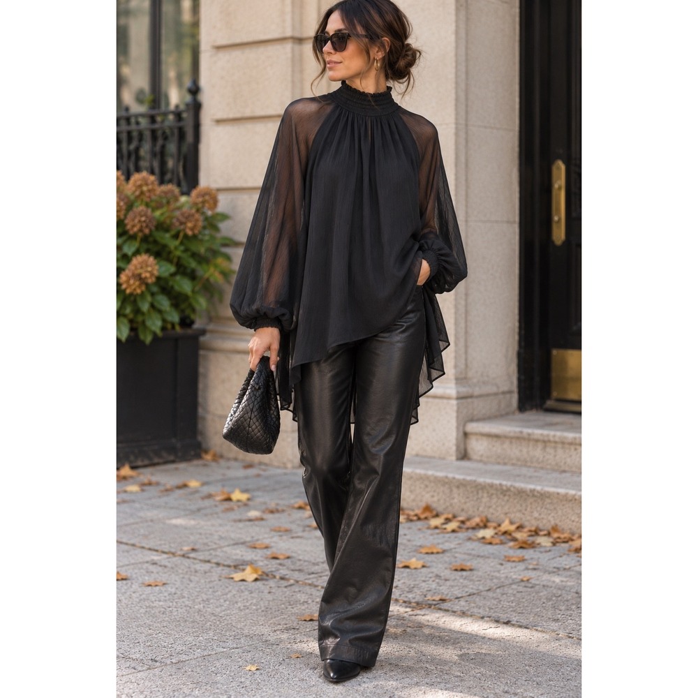 Joie NWT $278 Black Sheer Blouse Balloon Sleeve Smocked High Neck Top S